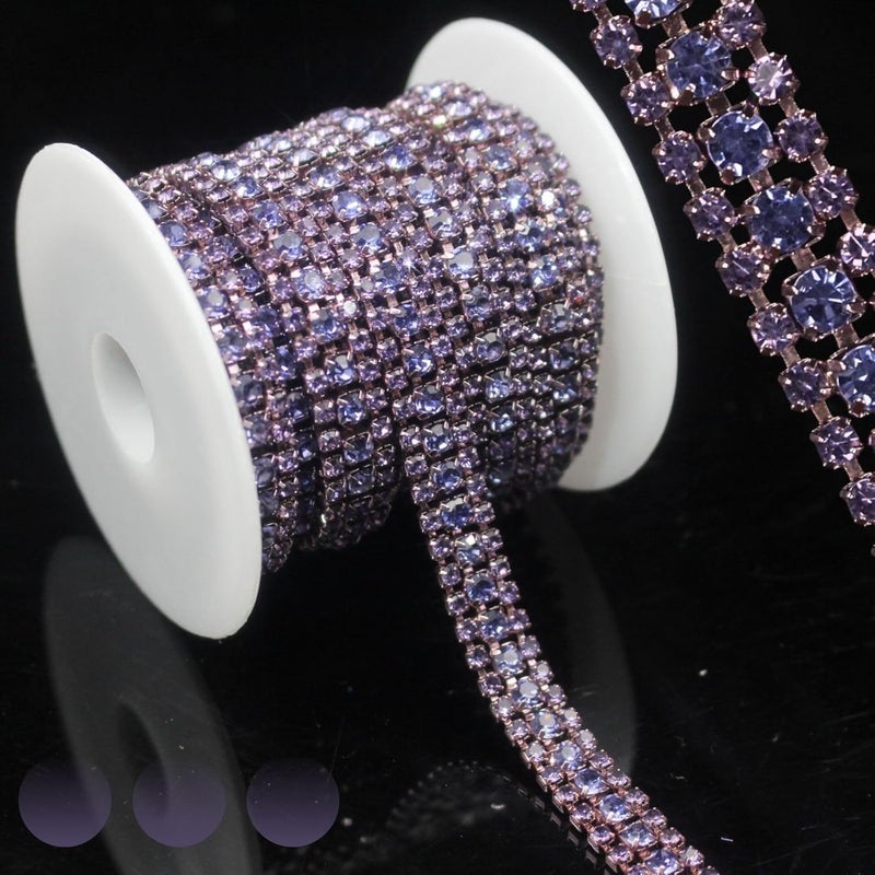 PEARLY JUN 3 Yards 3 Rows Violet Purple Rhinestone Chain Bling Crystal Trips Diamond Applique Silver Fringe Trim for Crafts Dress Applique Clothing Sewing Embellishments - Image 1